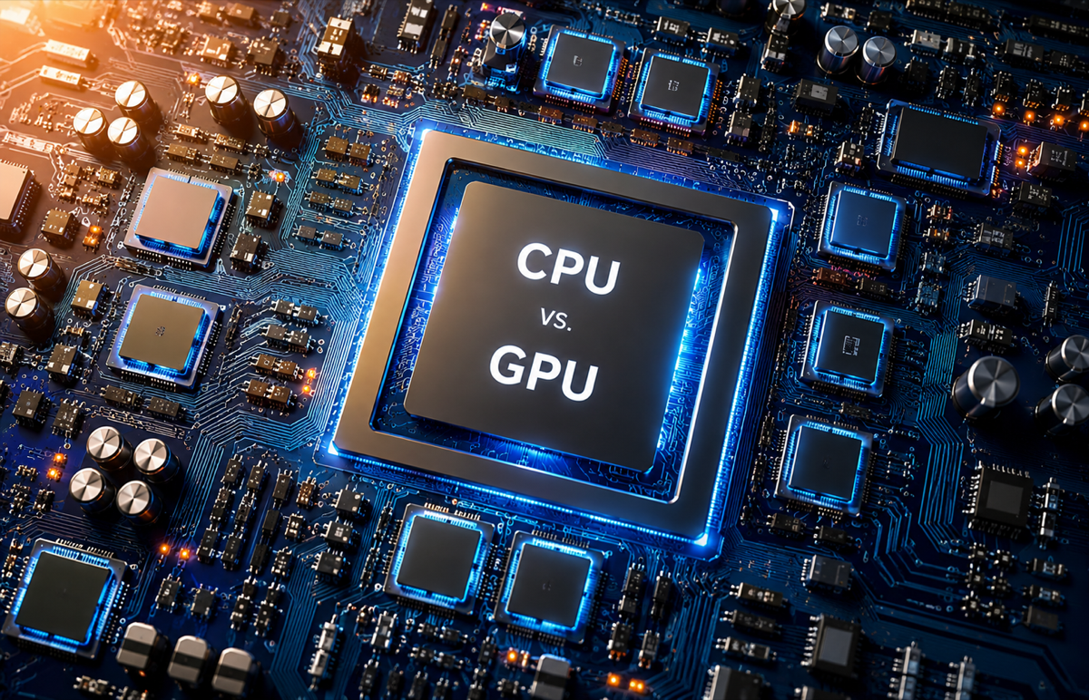 Illustration of a processor die labelled “CPU vs. GPU” at the centre of a stylised circuit board